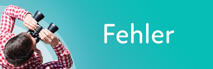 Fehler. Mann mit Fernglas aus Vogelperspektive. Beobachtung, Draufsicht, Panorama. Business Text...