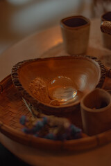 Water drop Moji a Japanese dessert with honey sauce and pea powder serve