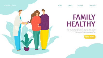 Healthy family and family doctor healthcare landing template vector illustration. Happy couple and medicine, health clinic web site. Reproduction health and ginecology, hospital webpage.