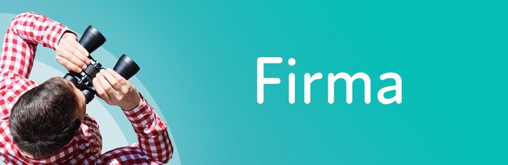 Fototapeta premium Firma. Mann mit Fernglas aus Vogelperspektive. Beobachtung, Draufsicht, Panorama. Business Text auf blau. Statistik, Wirtschaft