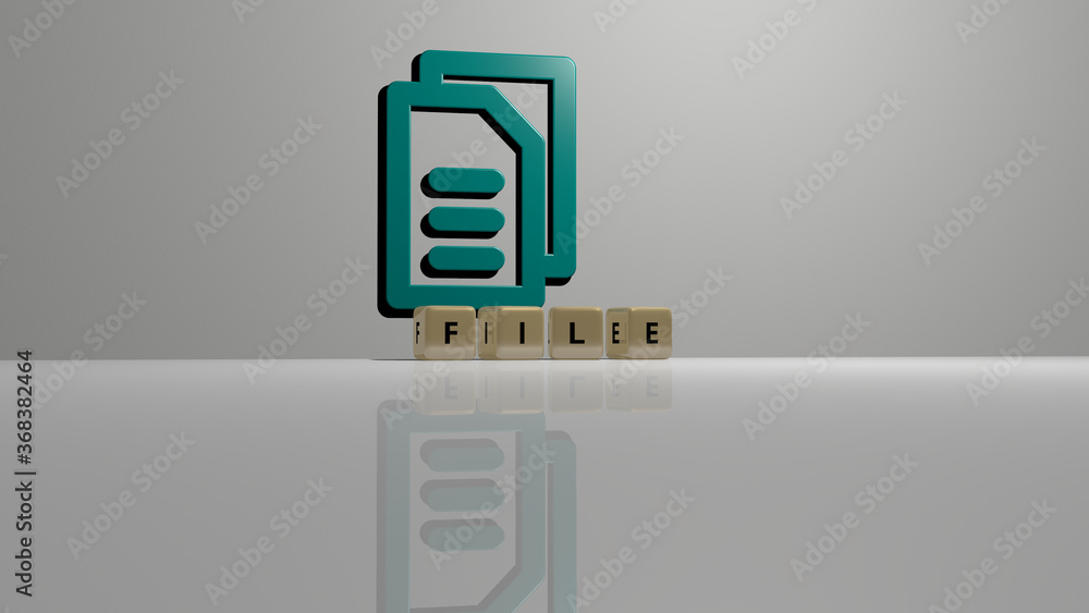 Poster 3d representation of file with icon on the wall and text arranged by metallic cubic letters on a mir