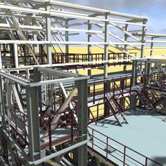 Cover of the construction project of a BIM model of a building made of metal structures. Presentation of the project for the customer, contractor and construction organizer. 3D rendering.