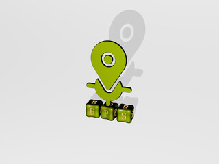 3D representation of gps with icon on the wall and text arranged by metallic cubic letters on a mirror floor for concept meaning and slideshow presentation. illustration and map