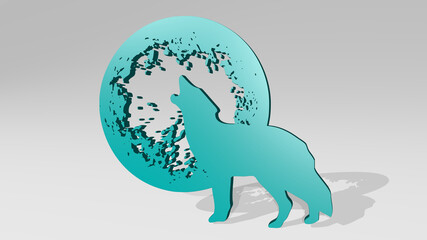 Full moon wolf made by 3D illustration of a shiny metallic sculpture with the shadow on light background. white and beautiful