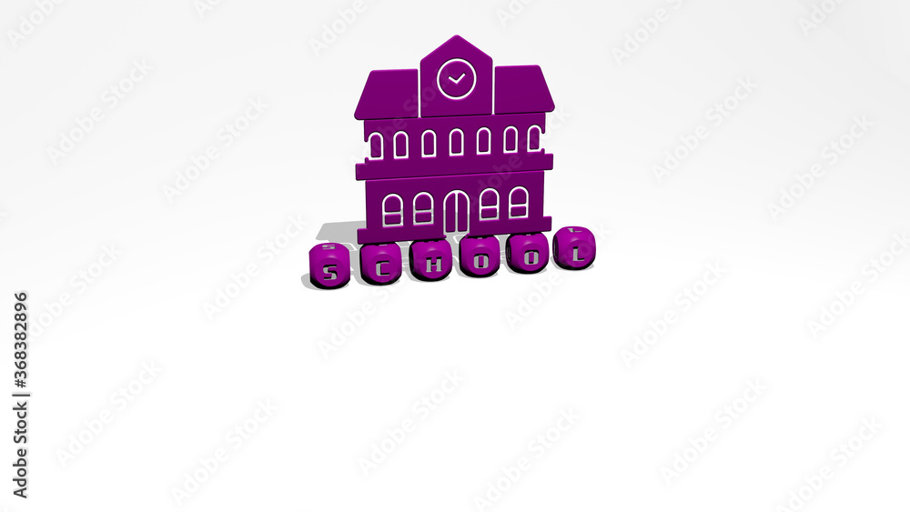 Poster 3D graphical image of school vertically along with text built by metallic cubic letters from the top perspective, excellent for the concept presentation and slideshows. illustration and education