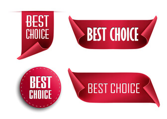 Best choice tags, vector red labels isolated on white background. Best choice 3d ribbon banners