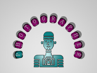 3D graphical image of photographer vertically along with text built around the icon by metallic cubic letters from the top perspective, excellent for the concept presentation and slideshows. camera