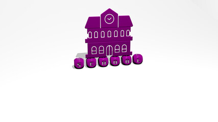 3D graphical image of school vertically along with text built by metallic cubic letters from the top perspective, excellent for the concept presentation and slideshows. illustration and education
