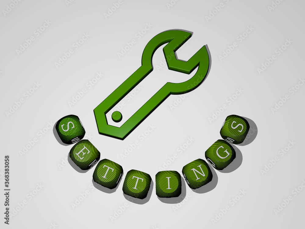 Poster 3d illustration of settings graphics and text around the icon made by metallic dice letters for the 