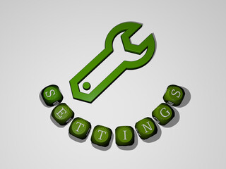 3D illustration of settings graphics and text around the icon made by metallic dice letters for the related meanings of the concept and presentations. background and gear
