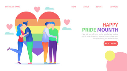 Obraz na płótnie Canvas LGBT pride community, rainbow coloured heart and homosexual couples landing page vector illustration. Sexuality and gender identity, sexual orientation, LGBT movement in web.