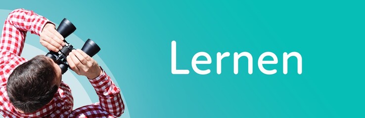 Naklejka premium Lernen. Mann mit Fernglas aus Vogelperspektive. Beobachtung, Draufsicht, Panorama. Business Text auf blau. Statistik, Wirtschaft