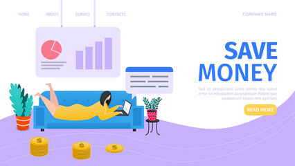 Money investment landing page, vector illustration. Invest money in education, real estate, start up and charity. Woman working with laptop, financial graphs and banking symbols. Profit and economy.