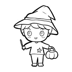Halloween October festival holiday, cute wizard boy fancy smile with hat. Doodle decoration, black line hand drawn cartoon character for coloring and any design. Vector illustration of kid art.