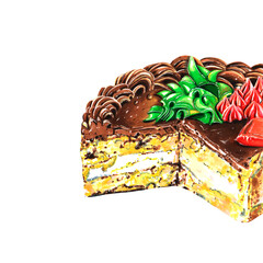 Hand drawn piece of layered chocolate cake with colorful cream and marmalade on top isolated on white. Realistic illustration for print, poster or greeting card. Birthday holiday wedding celebration