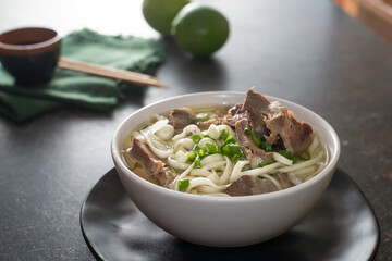udon wheat noodles with boiled  offal and  broth.  asian cuisine