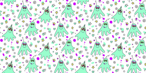 Vector color seamless repeating childish pattern with cute monsters aliens and space doodles. Baby background perfect for fabric, wrapping, wallpaper, textile, apparel, cover