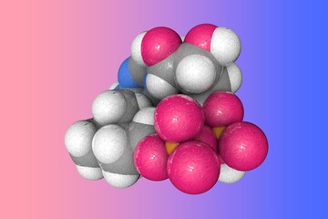 Molecular structure of citicoline. Atoms are represented as spheres with color coding: carbon (grey), oxygen (red), nitrogen (blue), hydrogen (white), phosphorus (orange). 3d illustration