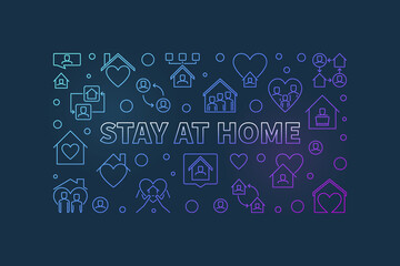 Fototapeta premium Vector Stay at Home concept colorful line horizontal banner or illustration on dark background