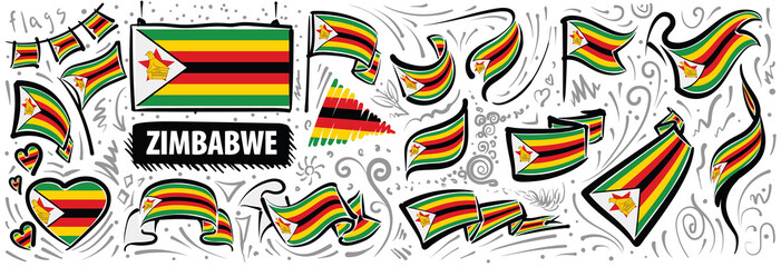 Vector set of the national flag of Zimbabwe in various creative designs - obrazy, fototapety, plakaty