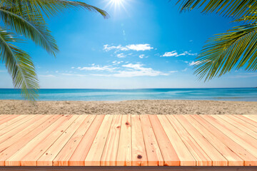 Wooden floor or plank on sand beach in summer. For product display.Calm Sea and Blue Sky Background. - 368386008