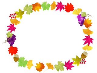 秋色のフレーム　秋の葉や木の実　水彩風のおしゃれなイラスト
