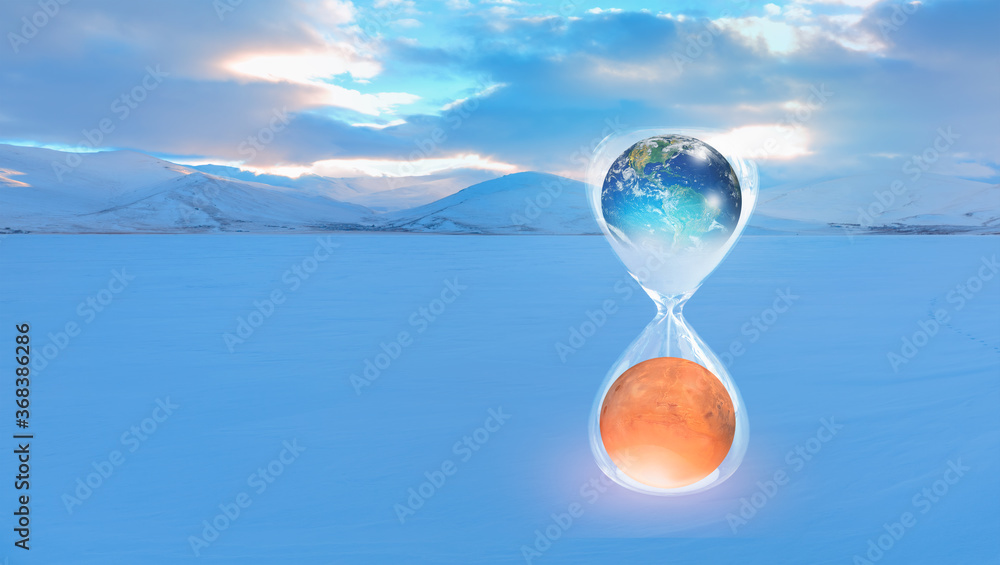 Aufkleber Global warming concept-Planet Earth is becoming a dead planet like Mars - Hourglass inside Planet Earth and Mars isolated- 