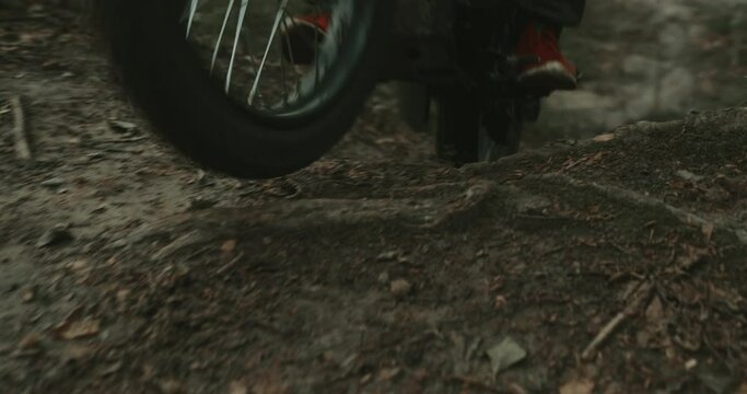 motorcycle in the off-roads. Through danger woods
