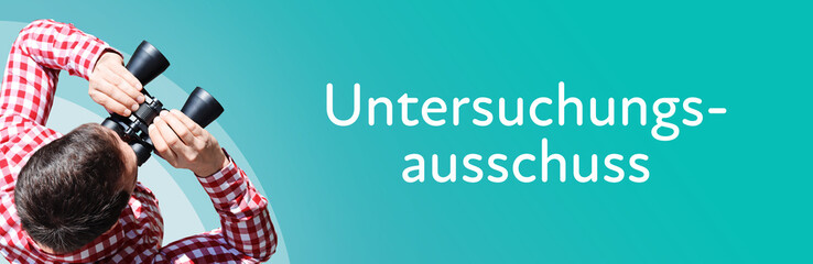 Untersuchungsausschuss. Mann mit Fernglas aus Vogelperspektive. Beobachtung, Draufsicht, Panorama....