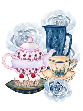 watercolor Ceramic Porcelien dishware teapot teacup dishware  elegance party element arrangement for invitation card, web banner, print paper wrapping