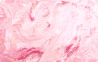 Fototapeta premium Abstract realistic liquid paint Marbling effect, fluid art technique of splashes, flows and strokes of paint. Acrylic pink backdrop texture for fabric, packaging, wallpaper, covers, wrapper