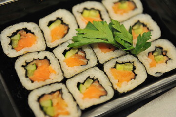 Almaty / Kazakhstan - 10.11.2011 : Fish products in the Eastern style. Sale in a large supermarket