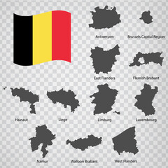 Eleven Maps  Provinces of Belgium - alphabetical order with name. Every single map of  Province are listed and isolated with wordings and titles. Kingdom of Belgium. EPS 10.