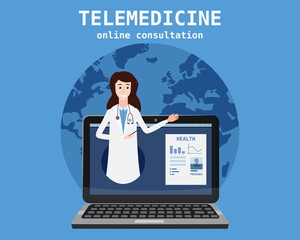 Telemedicine laptop concept characters doctor consultation diagnosis by internet