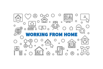 Working From Home vector thin line concept horizontal illustration or banner