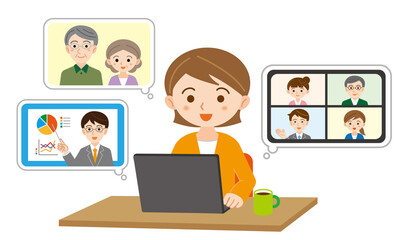 自宅のノートパソコンでオンライン作業をする女性のイラスト/白背景	