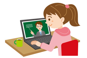 ノートPCでオンライン授業を受ける女子学生のイラスト/白背景	