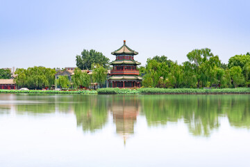Wanghai tower by Shichahai lake, Beijing, China. Beautiful Shichahai and sparkling Lake