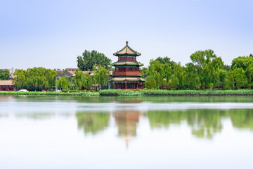 Wanghai tower by Shichahai lake, Beijing, China. Beautiful Shichahai and sparkling Lake