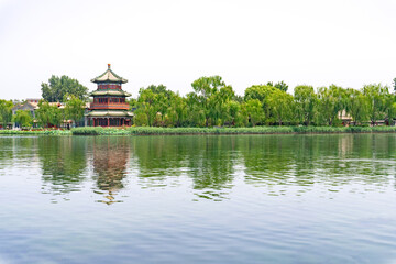 Wanghai tower by Shichahai lake, Beijing, China. Beautiful Shichahai and sparkling Lake