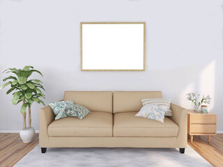 Blank photo frame mockup with plant and sofa