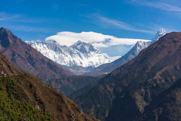 Everest, Lhotse, and Ama Dablam mountain peak in Himalaya mountains range. Everest base camp trekking route in Nepal