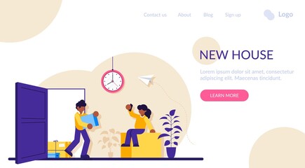 New house concept. A young family brings boxes into a purchased apartment or house. Buying a living space. Rent a property. Modern flat illustration.