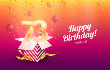 Celebrating 73th years birthday vector illustration. Seventy-three anniversary celebration background. Adult birth day. Open gift box with flying holiday numbers