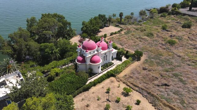 Aerial view of the Church of the Apostles and Greek Orthodox Monastery are located on the shores of the Sea of Galilee, not far from Tiberias city in northern Israel