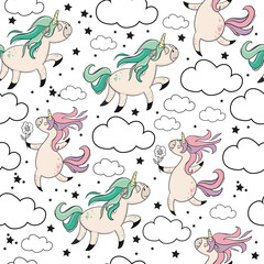 Pattern with unicorns on a white background