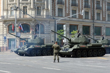 Medium tanks T-34-85 on Tverskaya Street during the dress rehearsal of the parade dedicated to the...