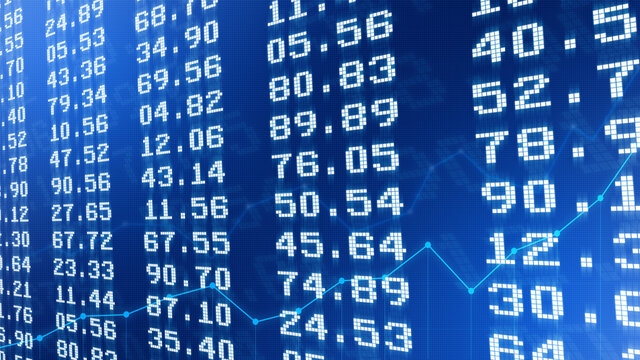 Close-up of financial figures or exchange rates on stock exchange board and light blue line graphs. Abstract stock market analysis or finance background in 4k resolution.