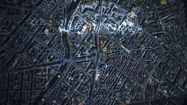 Modern technology, System. Satellite Drone Scan place. European City. Security