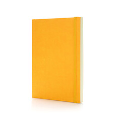 Blank Yellow Hard Cover Writing Notebook, Journal or Diary with elastic band Isolated on White Background. Design Template for Mock-up, Branding, Advertise etc. Side view. Studio Shoot.